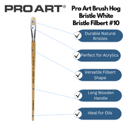 Pro Art White Hog Bristle Filbert Brush Size 10 for Oils and Acrylics