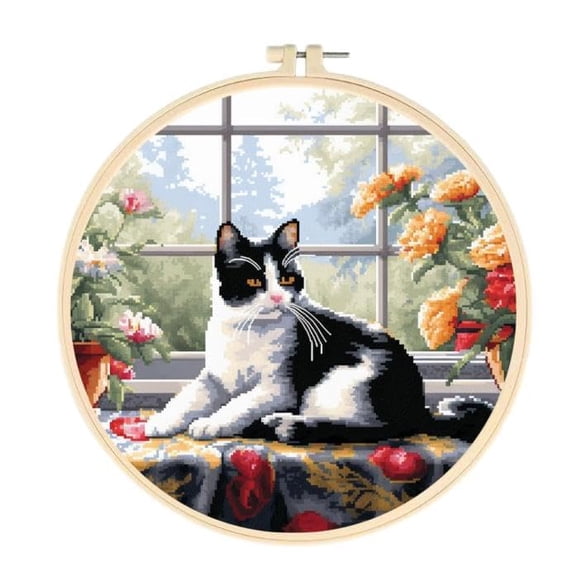 Cat at Window Easy Cross Stitch Kits for Starter Kits DIY 11CT Pre-printed Stamped Patterns Embroidery Cross Stitching Needlework Kit Set Supplies with Hoop 35x35cm (a86)
