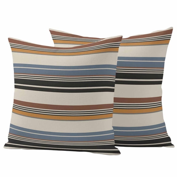 Outdoor Pillow Covers 16 x 16 Inches, Brown Blue Striped Waterproof Throw Pillow Cover Set of 2, Farmhouse Vintage Stripe Decorative Square Cushion Covers for Patio/Tent/Couch/Garden