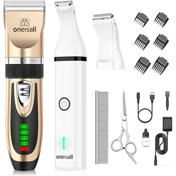 Oneisall Dog Clippers and Dog Paw Trimmer Kit 2 in 1 Low Noise Cordless