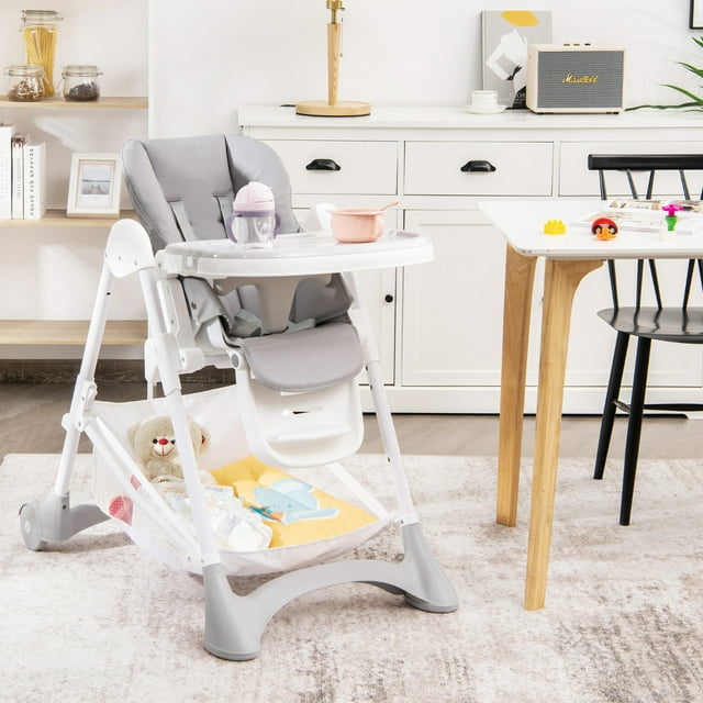 Costway Trona para Niños y Bebés Silla Alta de Comedor Plegable con Ruedas Doble Bandeja Removible Cojín en PU Altura Regulable 89 x 57 x 105 cm Gris