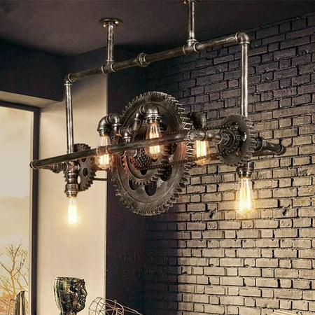 

Litfad Industrial Water Pipe Island Pendant Light 6 Lights Iron Hanging Ceiling Lamp in Black with Gear Deco for Dining Room Cafe