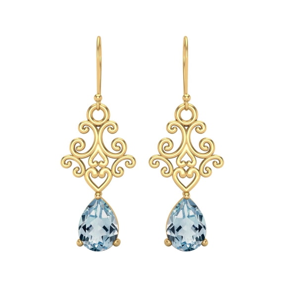 7x5 MM Pear Shape Blue Topaz 925 Sterling Silver Gold Vermeil Filigree Dangle Drop Valentines Day Gifts Women Earring