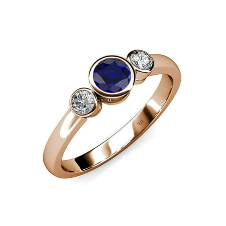 

Blue Sapphire and Diamond (SI2-I1 G-H) Three Stone Ring 1.03 ct tw in 14K Rose Gold.size 4.5