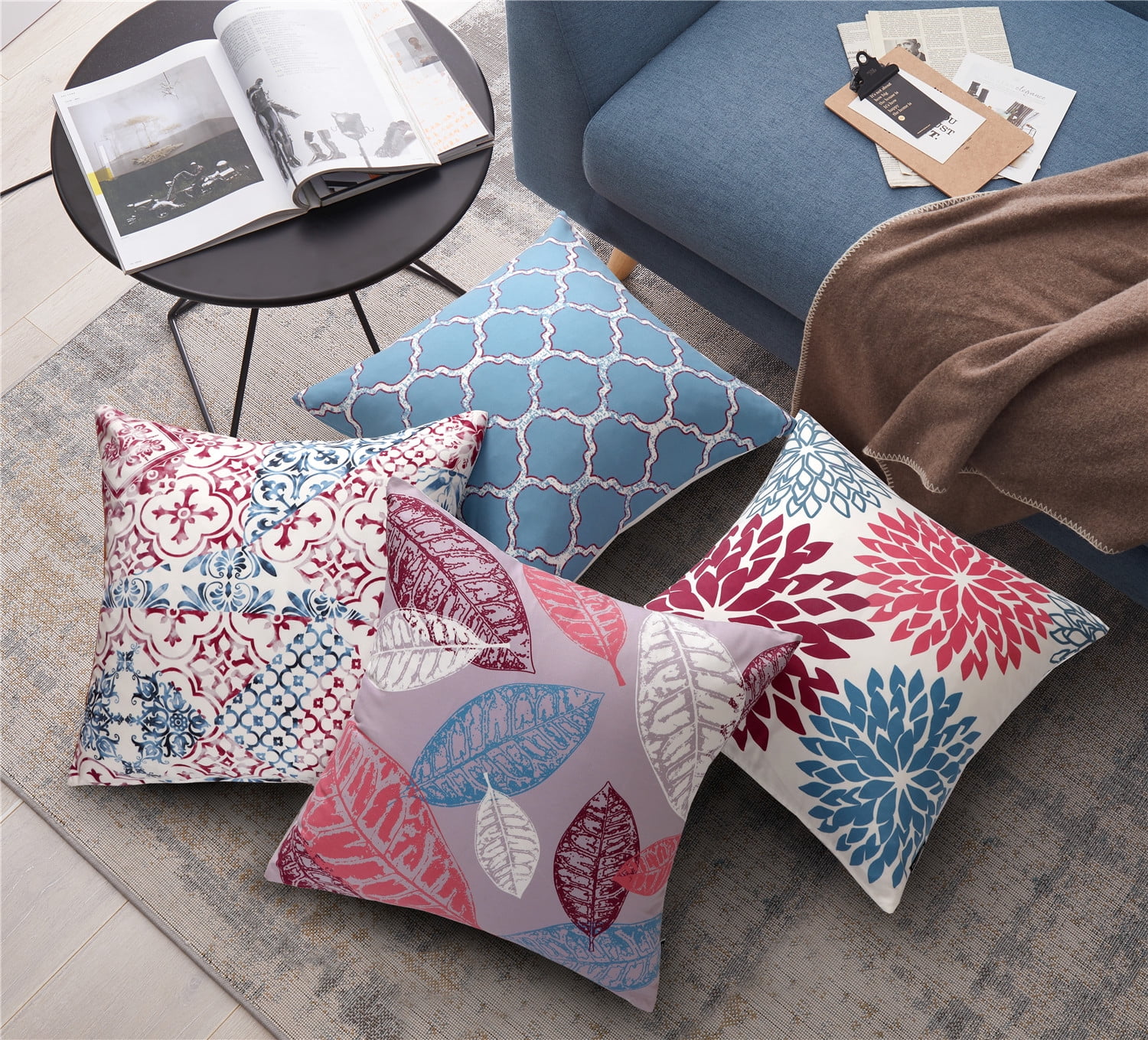 Phantoscope New Living Series Printing Square Cusion for Couch Decorative Throw Pillow, 18" x 18", Purple/Blue, 4 Pack