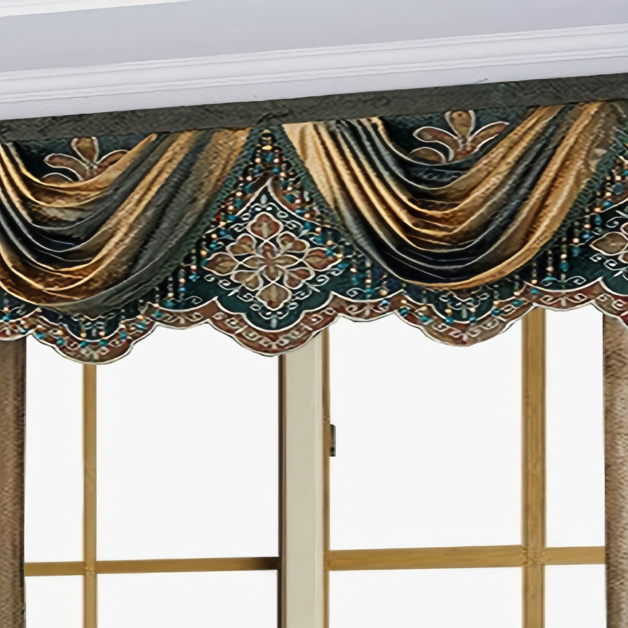 Luxury 3D Swag Valance with Beaded Tassels, Iridescent Jacquard Multi-Tone Coffee & Teal Window Topper, Velcro & Rod Pocket (1 pc)