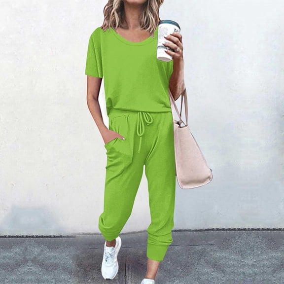Frostluinai Lounge Sets for Women Crew Neck Short Sleeve Tops Loose Sweatpants 2 Piece Solid Summer Sweatsuits Comzy Outfit Sets with Pocket