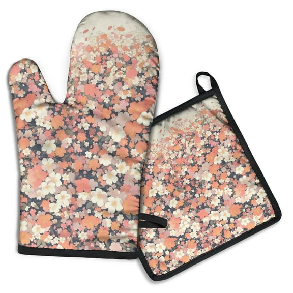 Pioneer Flower Kitchen Oven Mitt and Pot Holder Sets 2 Pcs for Baking, Cooking and Grilling, Heat Resistant Up To 392 °F