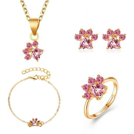 CIYISON Pet Dog Paw Bracelet Rings Pink Crystals for Cat Paw Pendant Necklace Jewelry De