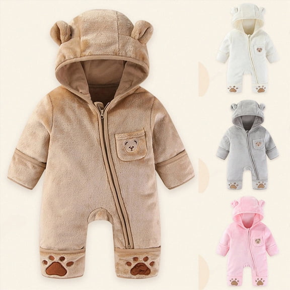 9-12 Months Newborn Baby Bear Outfit With Fold Over Mittens Footies Thin Fleece Romper Hooded Jumpsuit Winter Coat Sleep & Play One-Piece Bodysuit Newborns Everyday Wear