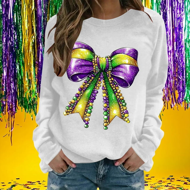 Xuyuer Women's Carnival Printed Long Sleeved Round Neck Mardi Gras Sweatshirt Carnival Outfits Women Carnival Sweatshirts Fat Tuesday Fashionable Pullover Tops