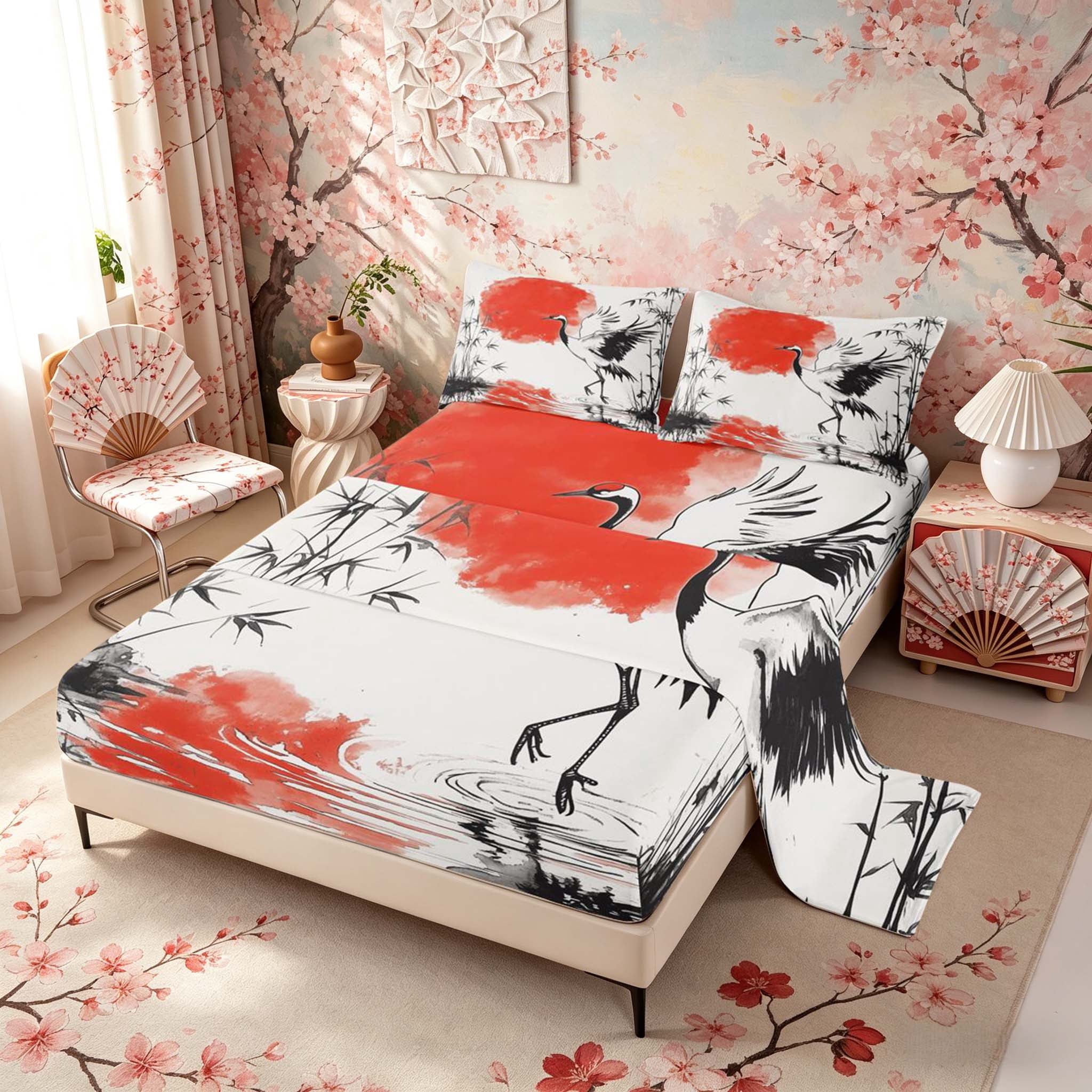 Manfei Ink Red Sun Crane Queen Sheet Sets for Teens, Reed Pond Bed Set, Black Red White 4pcs, 1 Flat Sheet, 1 Fitted Sheet and 2 Pillowcases
