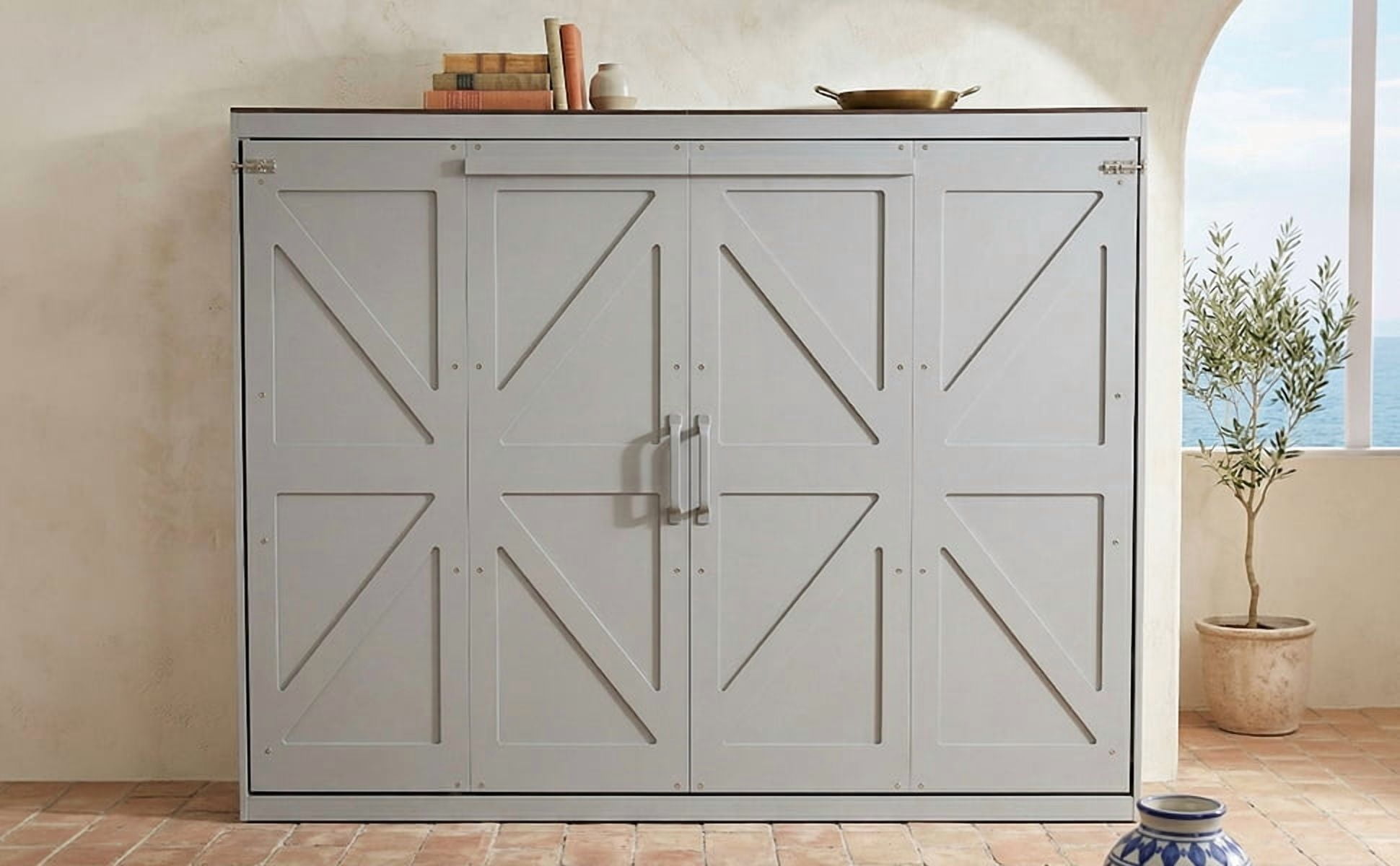 Mintazer Farmhouse Full Murphy Wall Bed with Barn Door & Charge Station, Folding Cabinet Bed for Home Office, Gray