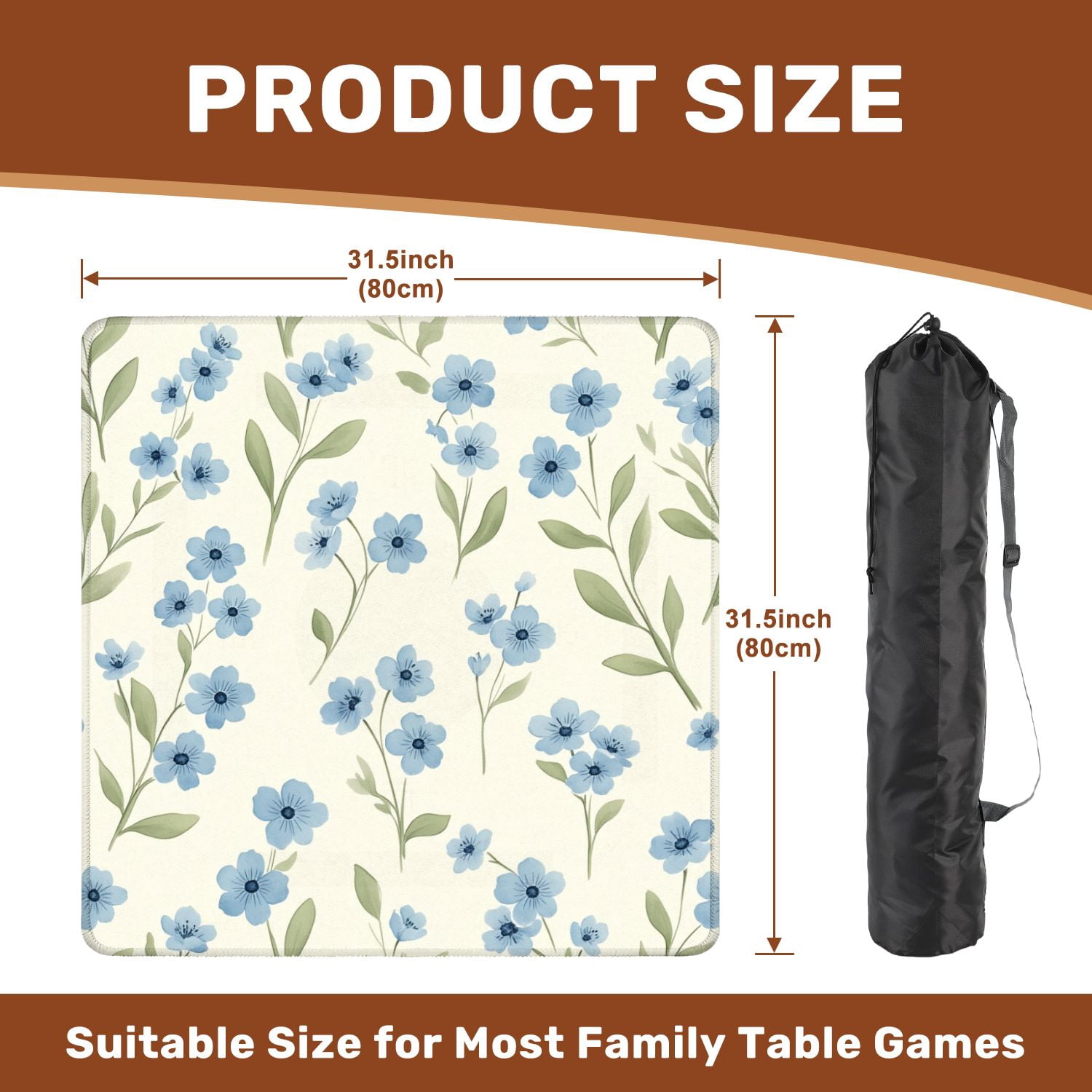 Mahjong Mat 31.5" x 31.5" Blue Floral Green Leaves Cream Watercolor Style Non-Slip Noise Reduction American Mahjong Tiles Table Cover for Dominoes Poker Card Board Games Gift
