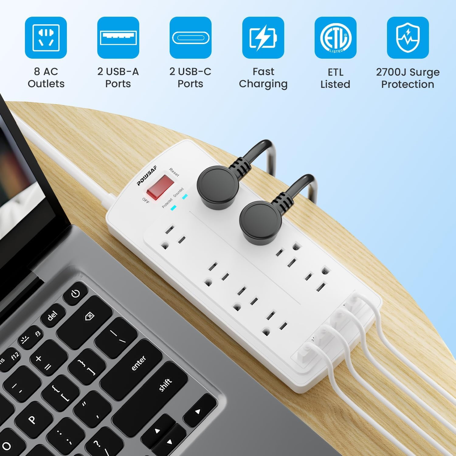 8-Outlet Sur Protector Power Strip, 10Ft Flat Plug Extension Cord with 2 USB-C (PD 20W) Fast Charging Ports and 2 USB-A Ports for Home, Office, 2700 Joules, ETL, White
