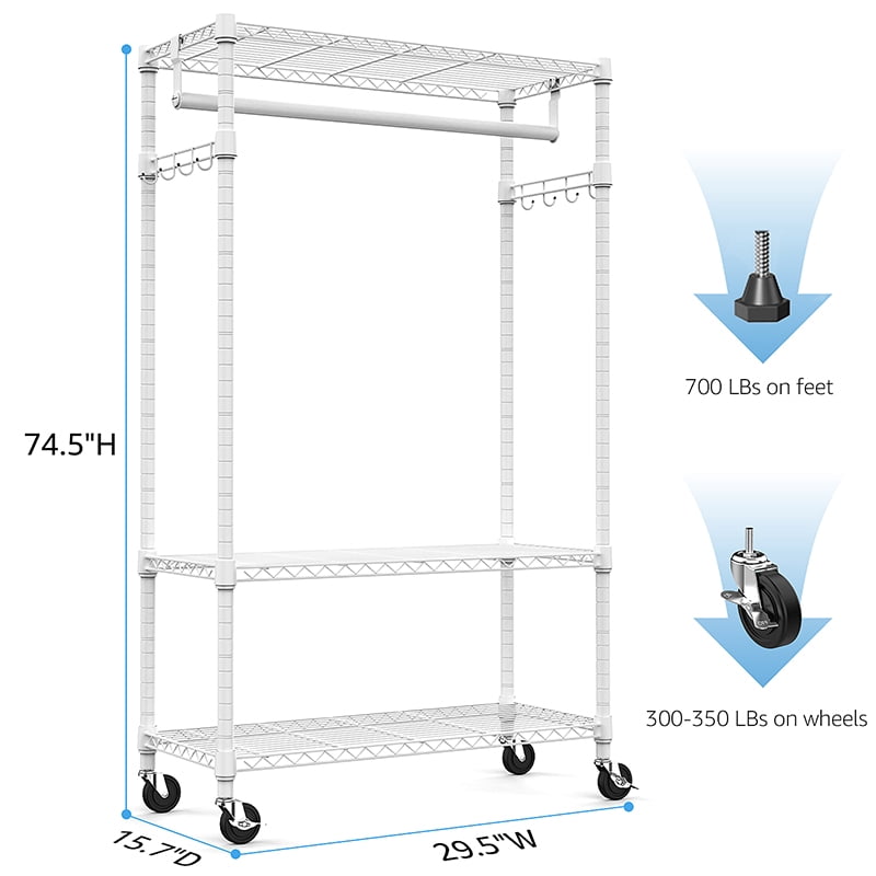 Heavy Duty Rolling Garment Rack, 3-Tier Adjustable Wire Shelf Clothing Organizer with Hanging Rod & Side Hooks, Lockable Casters 15.7"D×29.5"W×74.5"H