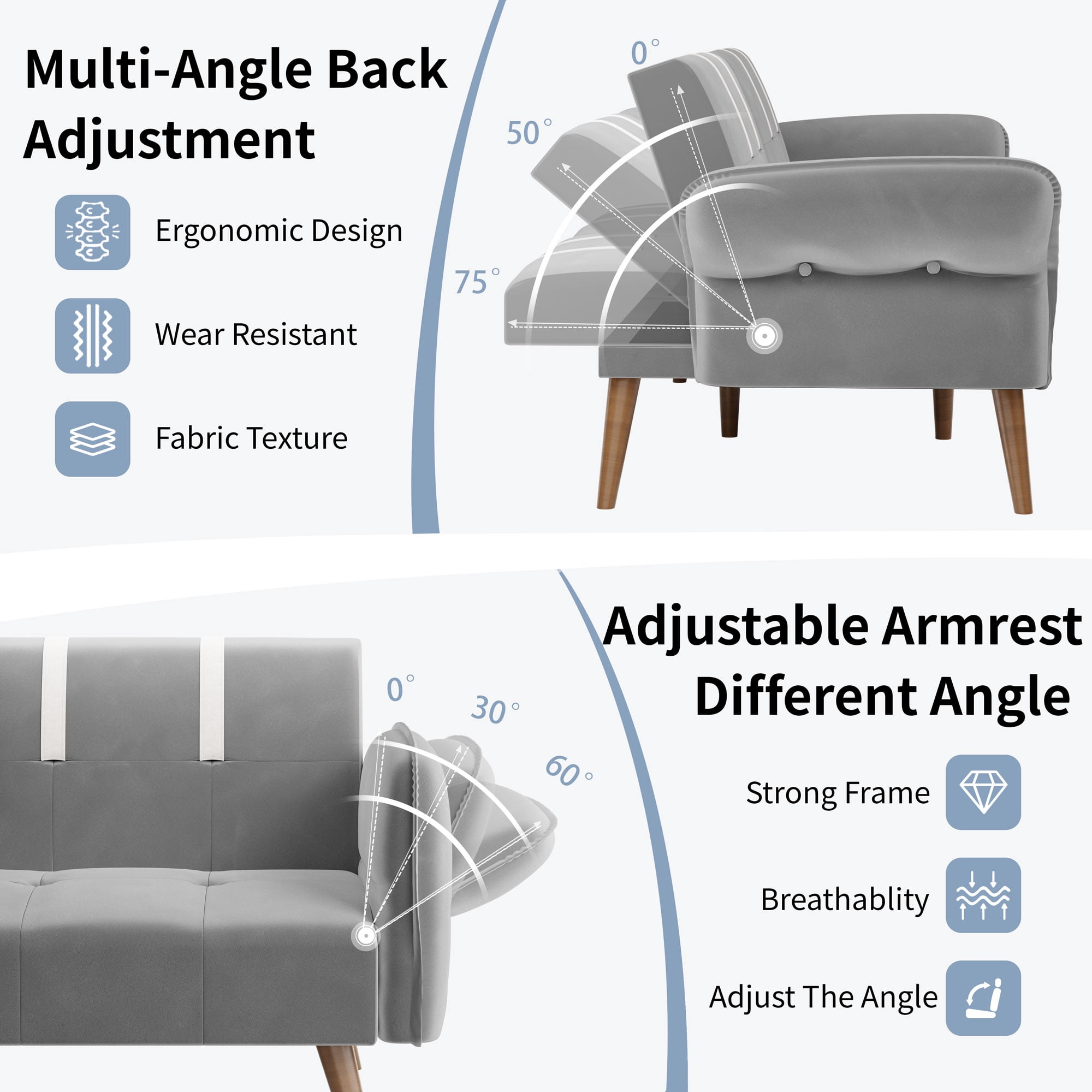 Walsunny 79" Velvet Futon Couch Sofa Bed, Folding Sleeper Loveseat with Adjustable Armrests Backrest Light Grey