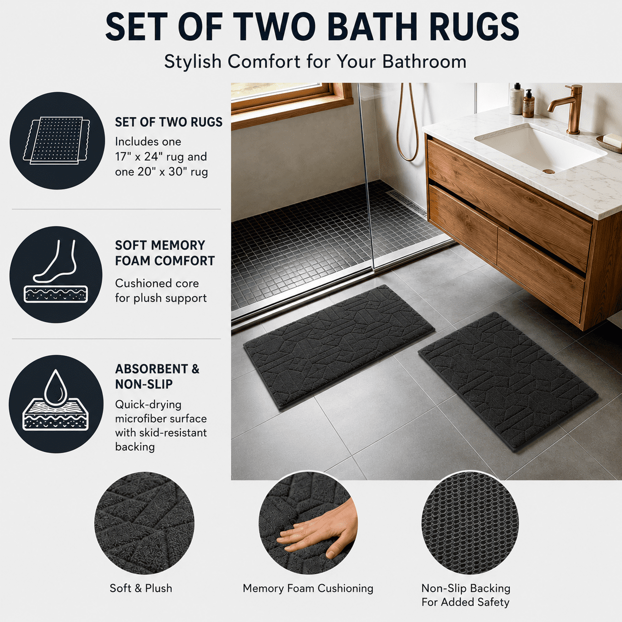 Better Homes & Gardens 2 Piece Paver Diamond Luxury Tufted Memory Foam Bath Rug Set, Grey