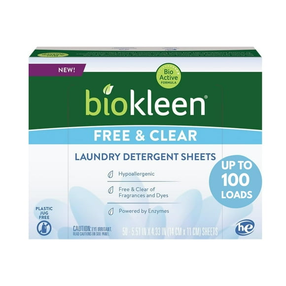 Láminas de detergente para ropa Biokleen, sin colorantes ni fragancias, 100 unidades