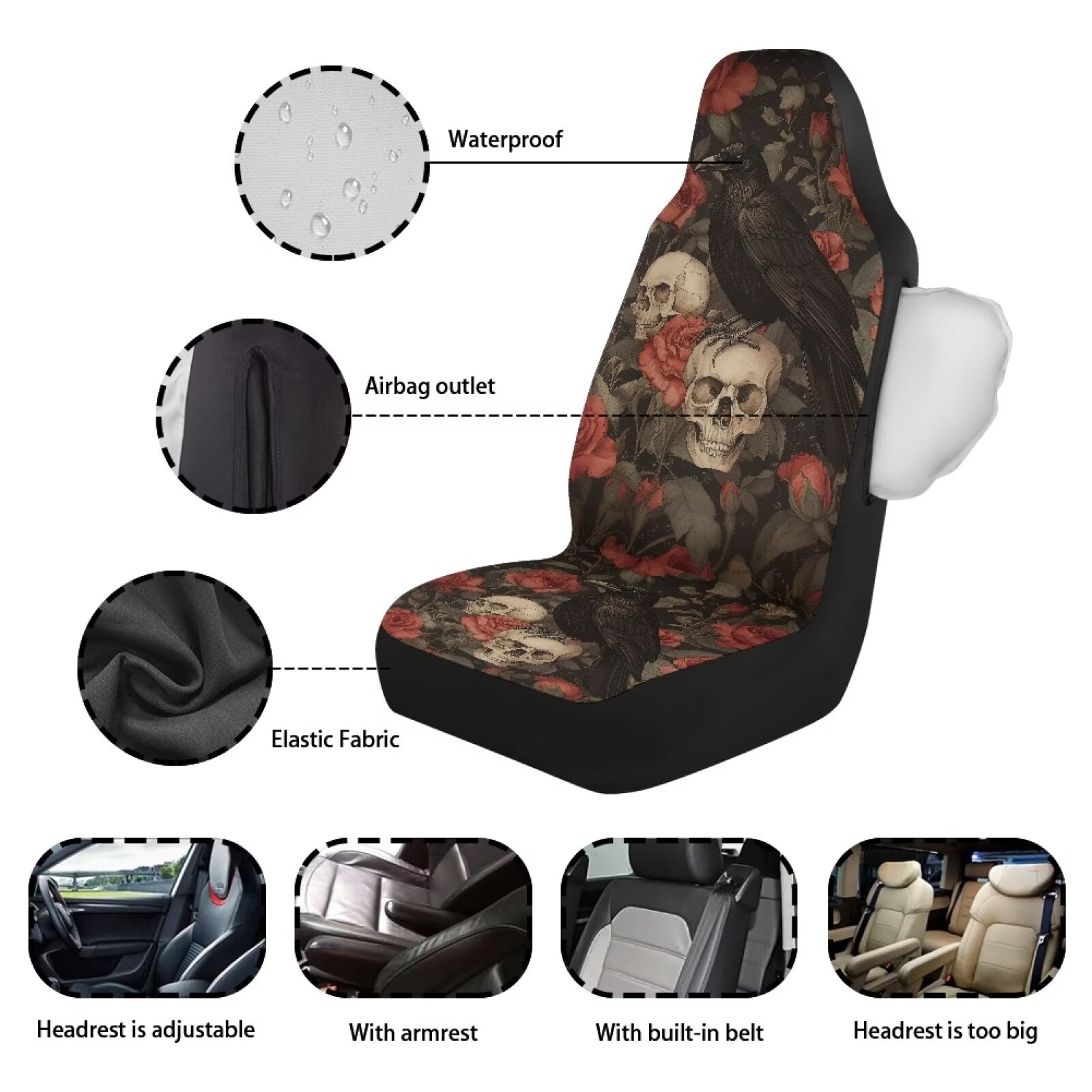 Binienty Halloween Waterproof Auto Seat Covers Black Crow Red Rose Skull Car Front Seat Covers 2 Pack Universal Automitive Bucket Protector Washable Car Interior Accessories, Airbag Compatible