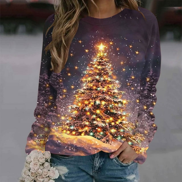 Meichang Chandails en Molleton de Noël pour Femmes Graphique Arbre de Noël Manches Longues Col Rond Chandail Xmas Tops