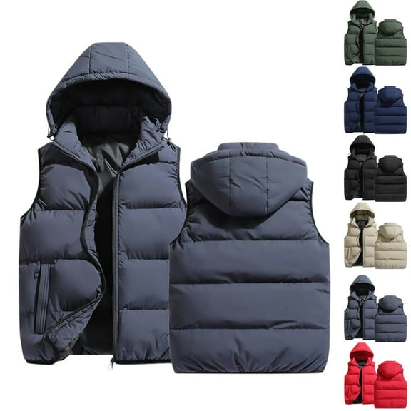 Zimjoy Gray Puffer Vest Men Windproof Thick Big and Tall Heated Vest Thermal Adjustable Hooded Outerwear Vests Casual Lightweight Zip Up Puffer Jacket Men with Pockets, Dark Gray L