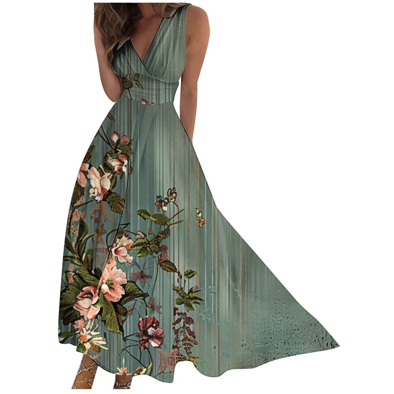 casual summer evening dresses Women Elegant Casual Green Sling Print Summer Dress color3 / S main image 0