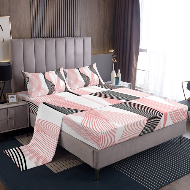 Erosebridal Futuristic Stripe Sheet Set King, Abstract Geometry Bedding Sets King Size, Modern Fashion Decor