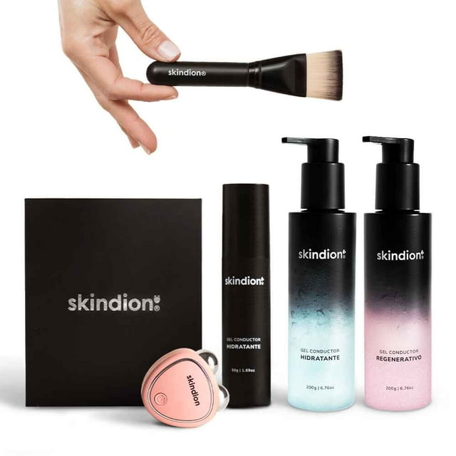 Skindion Beauty Kit: Tonificante y Rejuvenecedor Facial | Dispositivo de Rejuvenecimiento Facial + Gel Hidratante 50g y 200g + Gel Regenerativo 200g + Care Kit (Brocha de Aplicación)