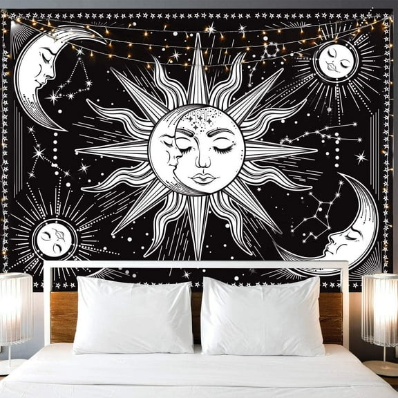 JUPSK Sun Moon Tapestry, Wall Hanging Aesthetic Black and White Psychedelic Tapestry for Bedroom, 51 x 59inch, Polyester