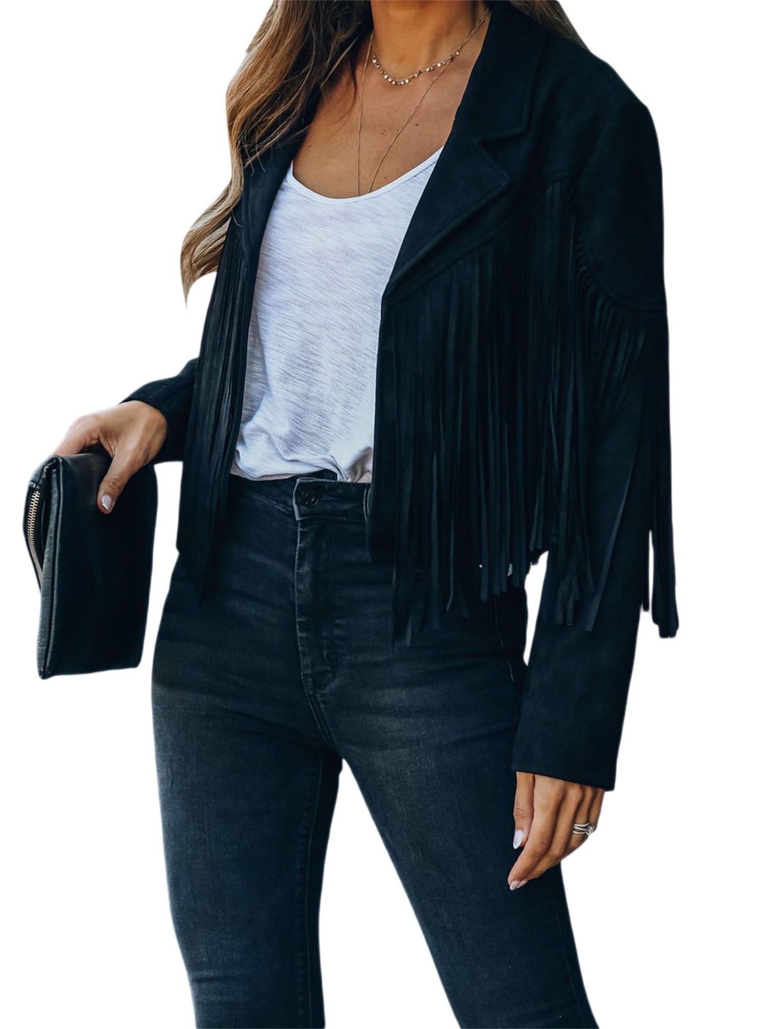 Nituyy Women Tassels Jacket Open Front Cropped Slim Fringe Coat