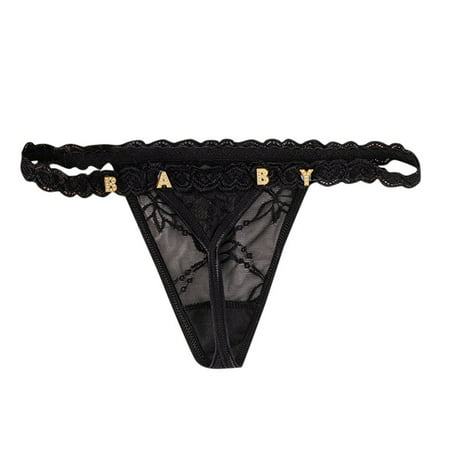 BYHONG DIY Metal Rhinestone Letter Thong for Women s Sexy and Lace Underwear Custom Panties for Women Pack Black One Size