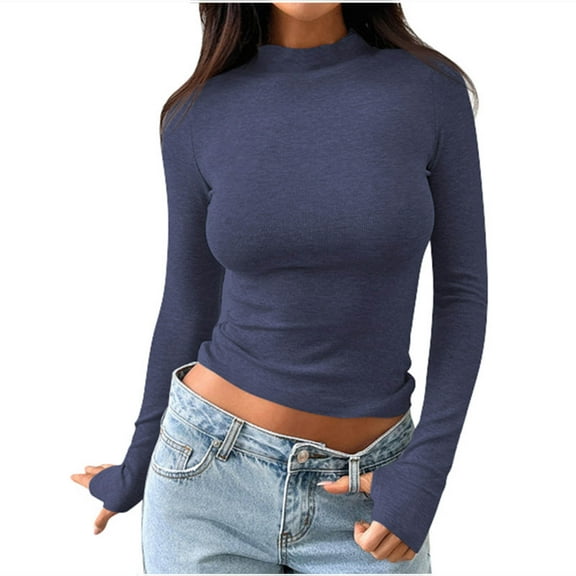 Womens Tops, Summer Women's Casual Fashion Loose Pleated Round Neck Solid Color Long Sleeve Top