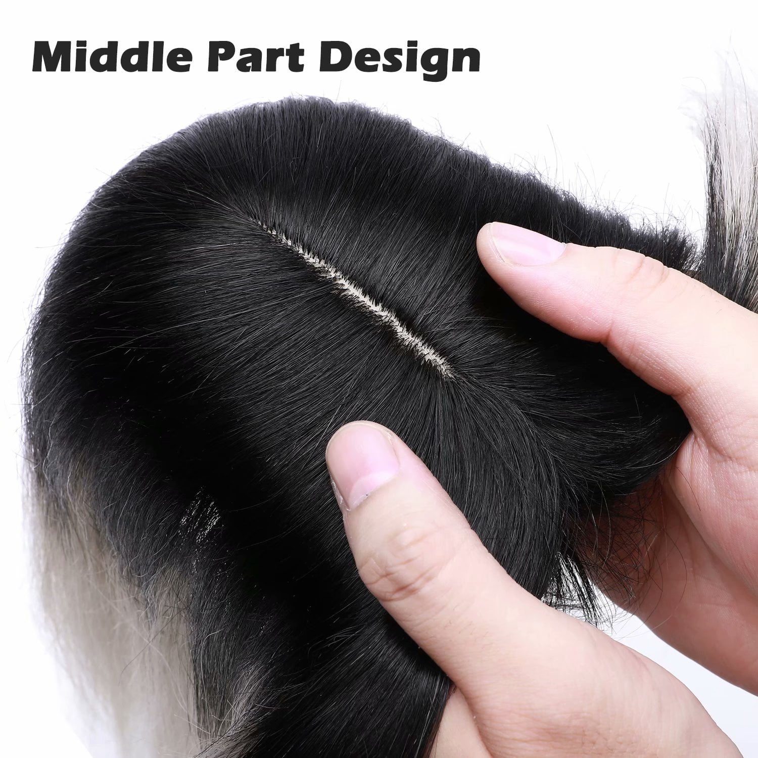 Benehair Silk Base Clip In 100% Real Remy Human Hair Extensions Hairpiece Topper Wig with bang Toupee Women Hair Loss 3 Clips Soft 1B Ombre Grey