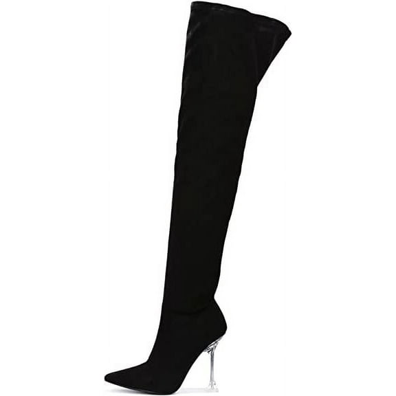 CAPE ROBBIN ESTELE POINTED-TOE THIGH HIGH CLEAR STILETTO BOOTS-BLACK Boots