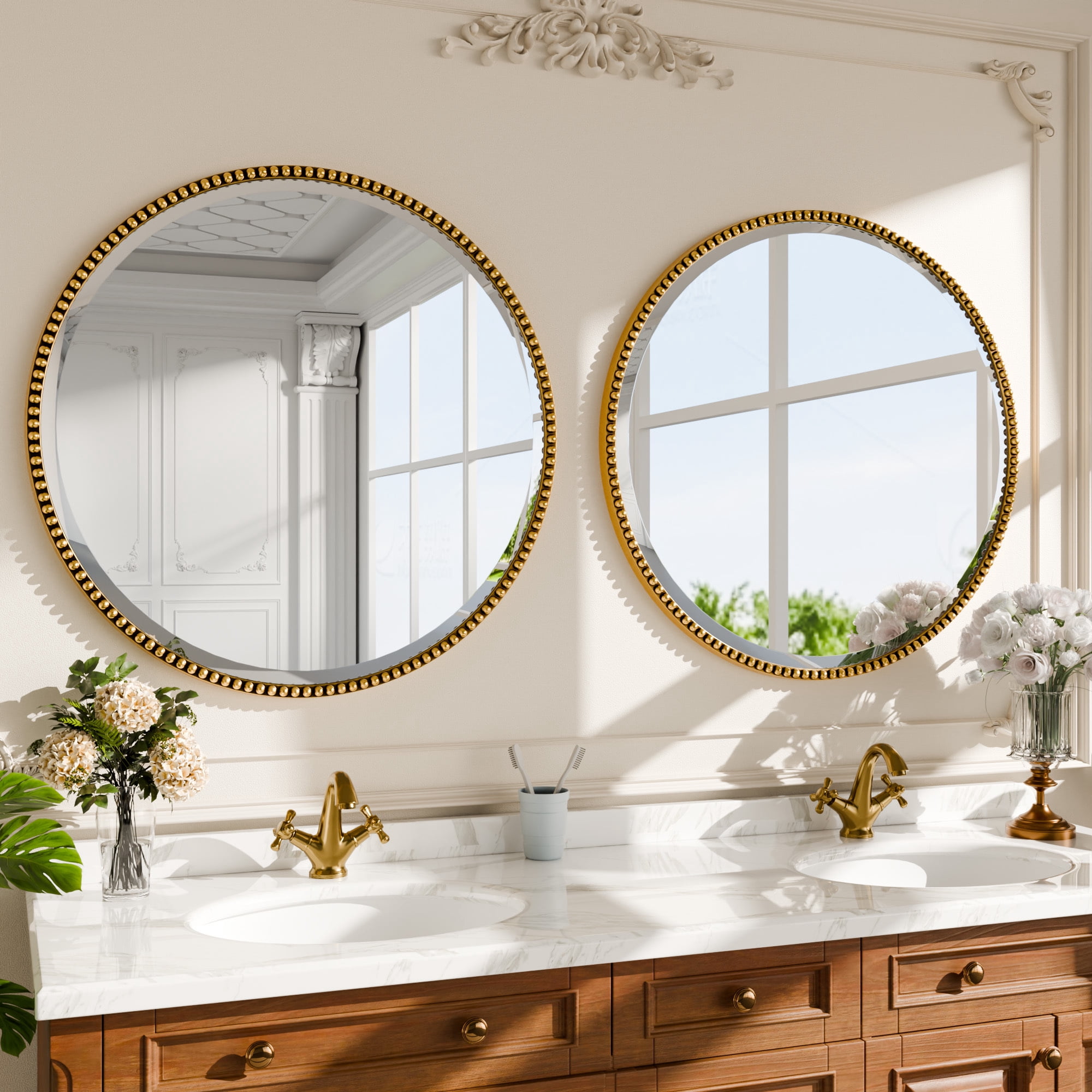 Puremirror 32" Round Bathroom Mirror Decoration Wall Mirror with Beaded Frame, Gold