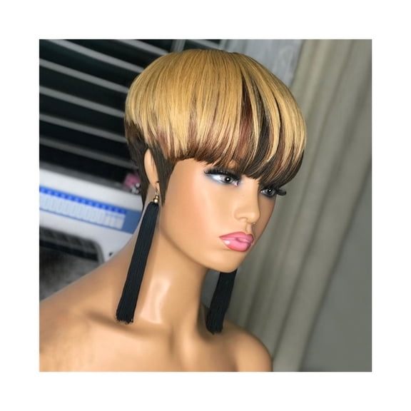 Short Human Hair Pixie Cut Wigs with Bangs Black and Blonde Wigs Straight 150% Density
