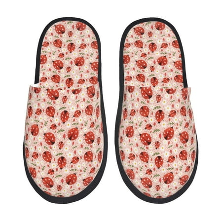 Balery Ladybugs With Heart Spots Slient Indoor Furry Fleece Comfort House Shoes Soft Non-Slip Home Shoes Cotton slippers House Slippers-- Large