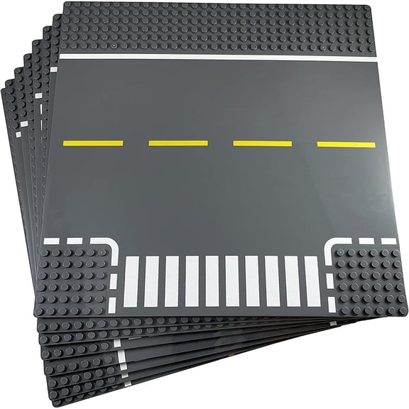 Building Blocks Base Plates Compatible with All Major Brands – 8pcs Baseplate Gray with Road Design – Straight, Curve, Crossroad, T-Junction Gray Base Plates