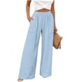 thumbnail image 2 of Cagogo Women Wide Leg Pants Cotton Linen Elastic Waist Casual Loose Long Trousers with Pockets Travel Lounge Solid Beach Clothes, Light Blue XL, 2 of 7