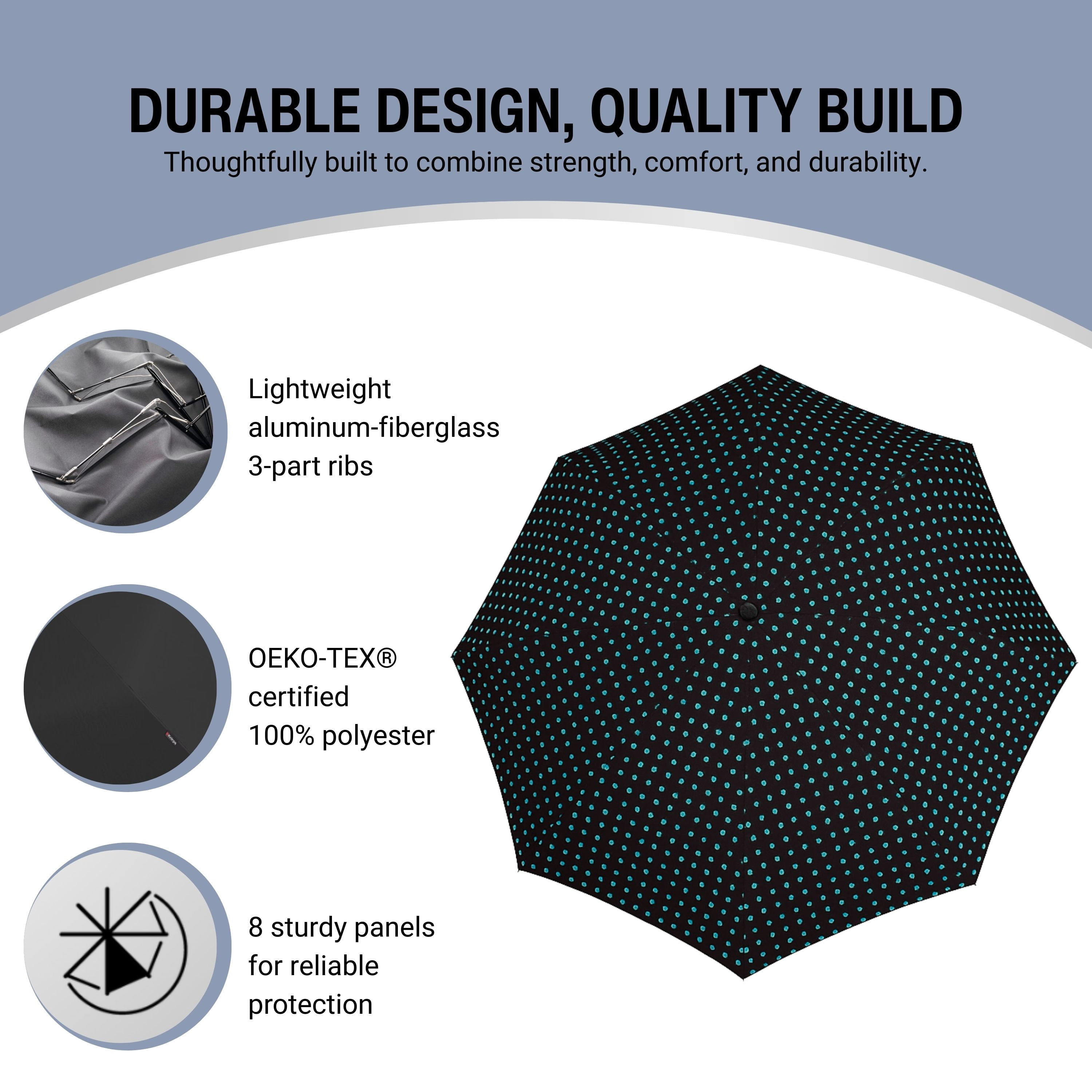 Knirps T.260 Duomatic Medium Pocket Rain Umbrella in Watson Aqua – Automatic Open Close, Wind-Tunnel Tested to 93mph, Hook Handle Design, 38in Canopy, OEKO-TEX, Fits in Backpacks & Purses
