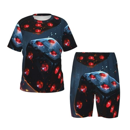 Luyuia Cosmic Red Sparkle Dice Print Girls  2-Piece Tie-Dye Pajama Set  Cute Summer Loungewear with Shirt and Tank Shorts Nightwear-Medium