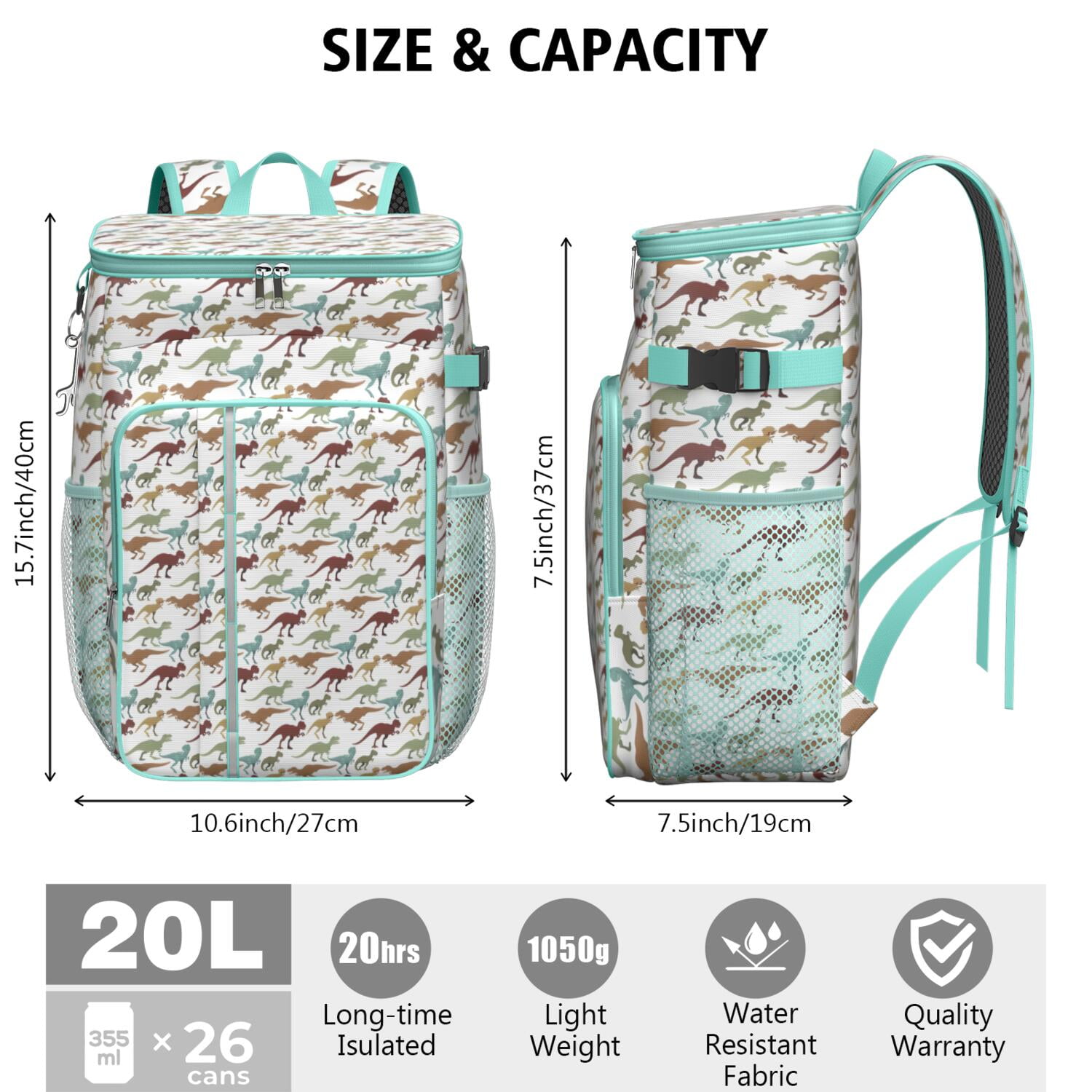Travel Cooler Bag - White Dinosaur Silhouette Pattern Camping Beer Cooler Backpack with Bottle Opener- Waterproof Insulated Picnic Backpacks - Cooler Bag for Beach