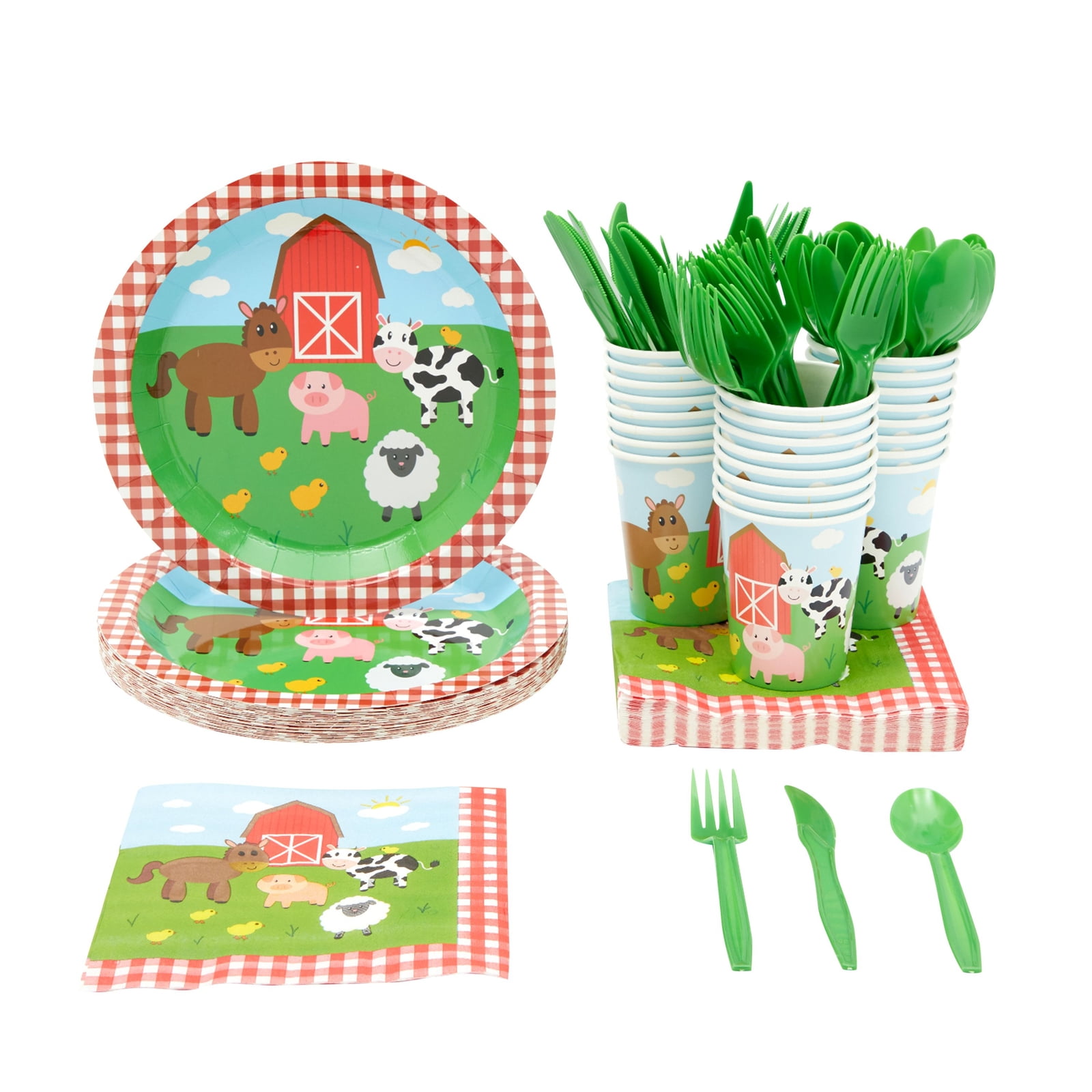 Serves 24 Farm Barn Barnyard Animal Birthday Party Supplies, 144PCS Plates Napkins Cups, Favors Decorations Disposable Paper Tableware Dinnerware Kit Set Bulk for Kids Boys Girls Baby Shower