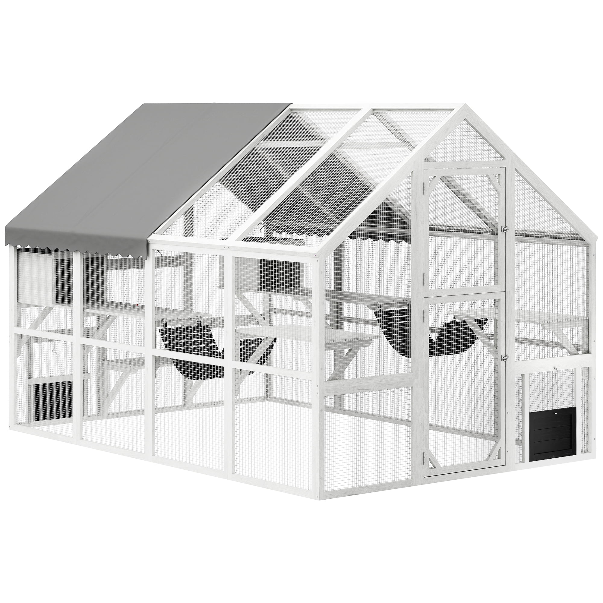 PawHut Large Catio Outdoor Cat Enclosure, Wooden Cat House for Multiple Cats, with Waterproof Cover, 2 Condos, 6 Platforms, Bridge, Doors, White