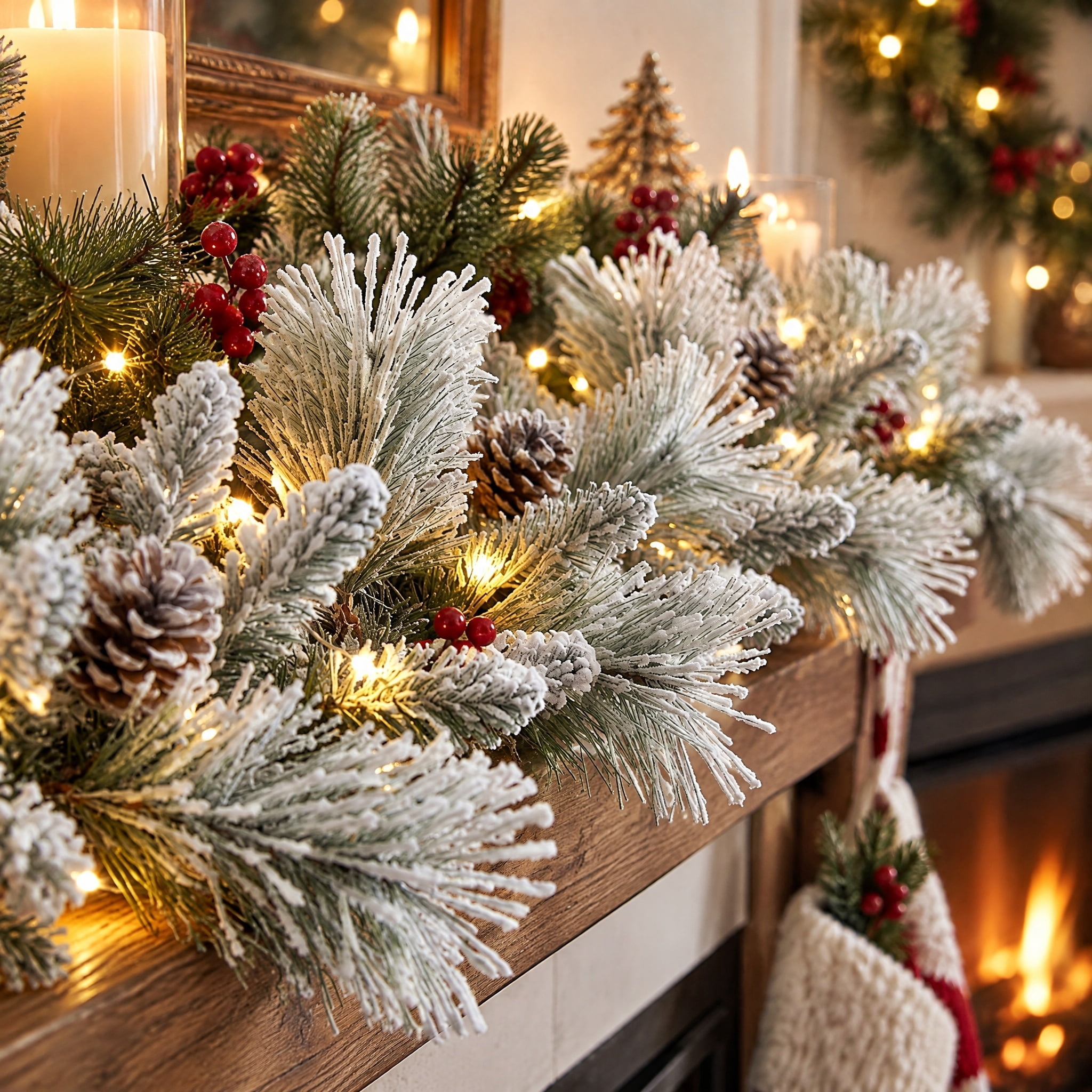 Snow-Flocked Winter Frost Unlit Artificial Christmas Garland, Green and White, 9', by Holiday Time