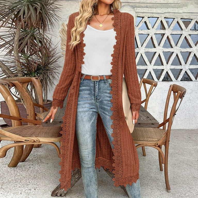 Long Lace Cardigan for Womens Knitted Stripe Sweaters Cover Ups