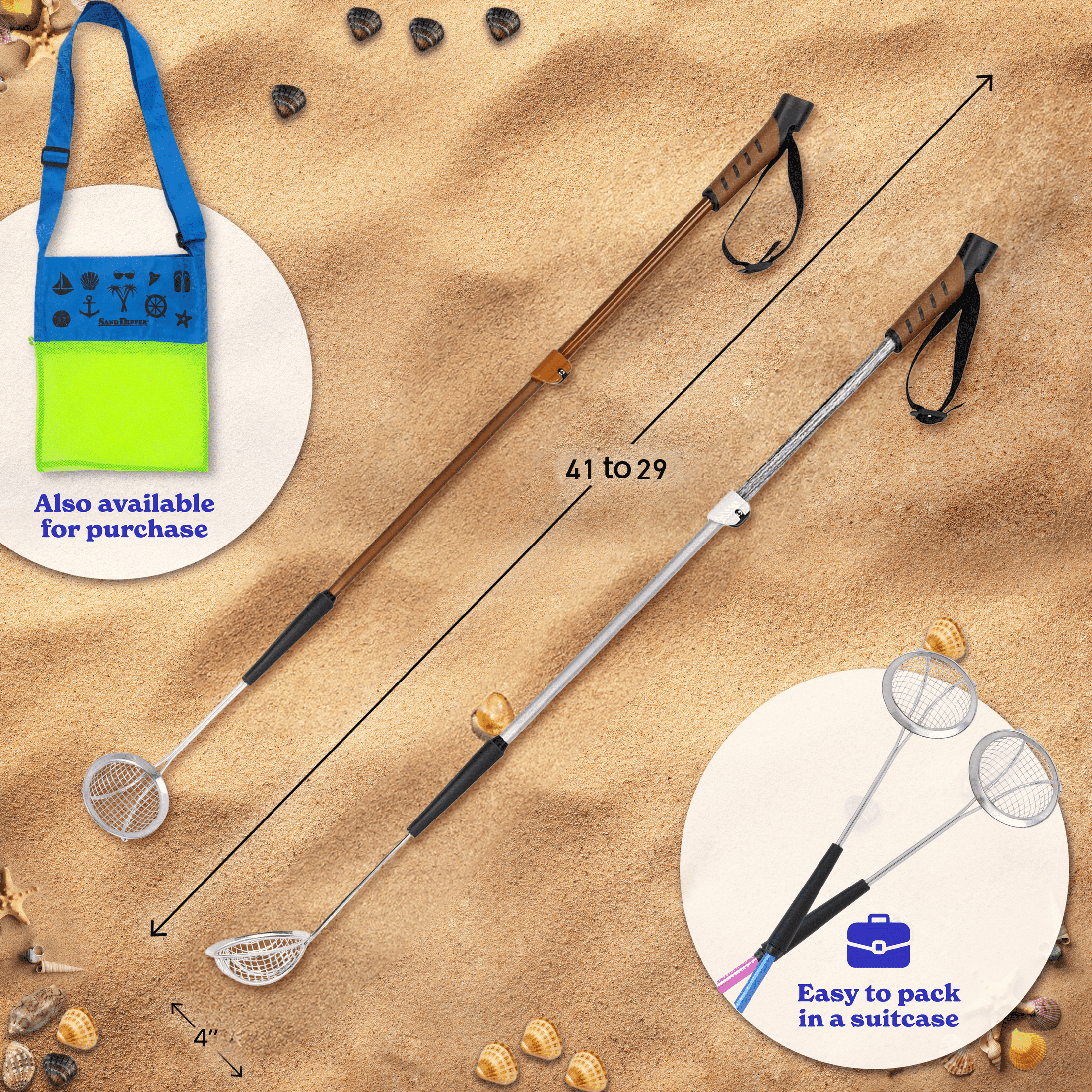 Sand Dipper Metall-Detektor-Griff – Verstellbarer Strandkamm Aus Alu Mit Edelstahlkorb, Rotholz-Optik