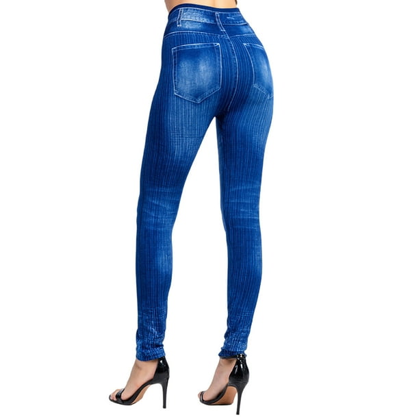 MAWCLOS Women Fake Jeans High Waist Look Print Jeggings Butt Lifting Denim  Printed Leggings Tight Workout Tummy Control Pencil Pants Blue XS