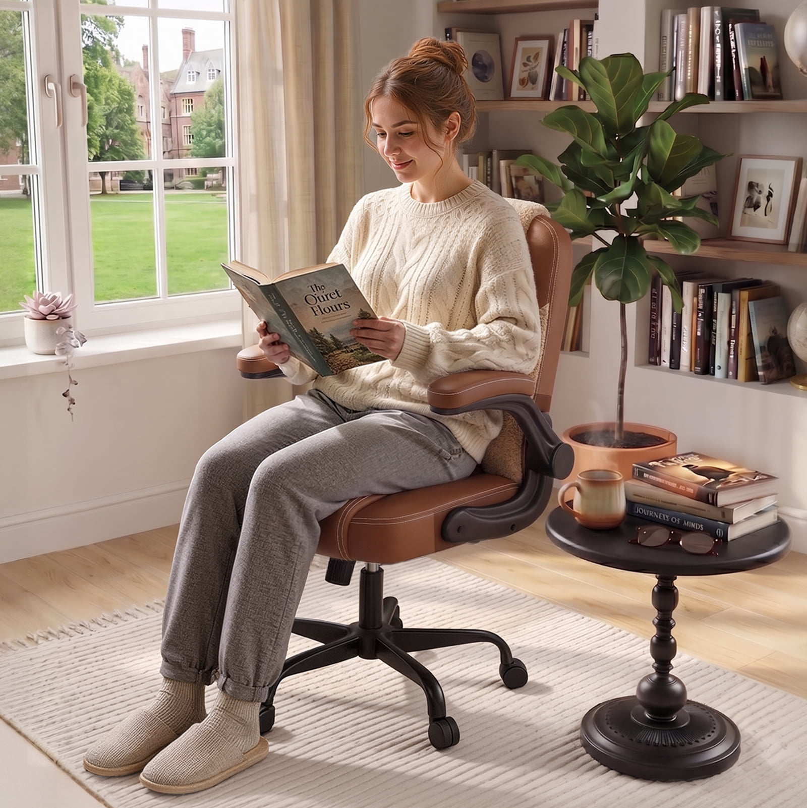 Pinmoco Ergonomic PU Leather Office Chair, High Back Executive Computer Desk Chair with Double-Layer Cushion, Swivel Gaming Chair with Wheels and Flip-Up Armrests, Brown